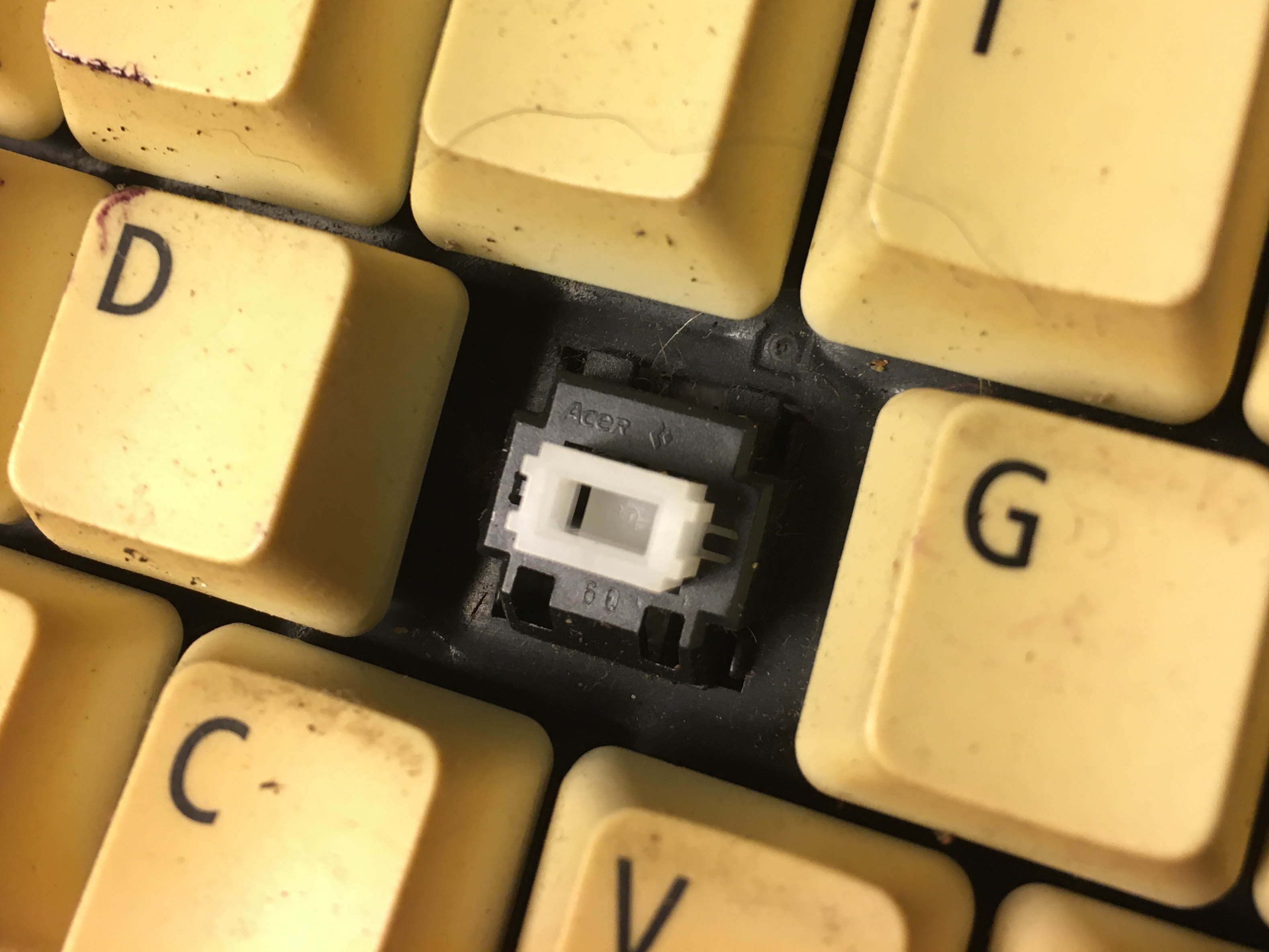 Photo of keyboard with one keycap removed, showing white switch underneath.