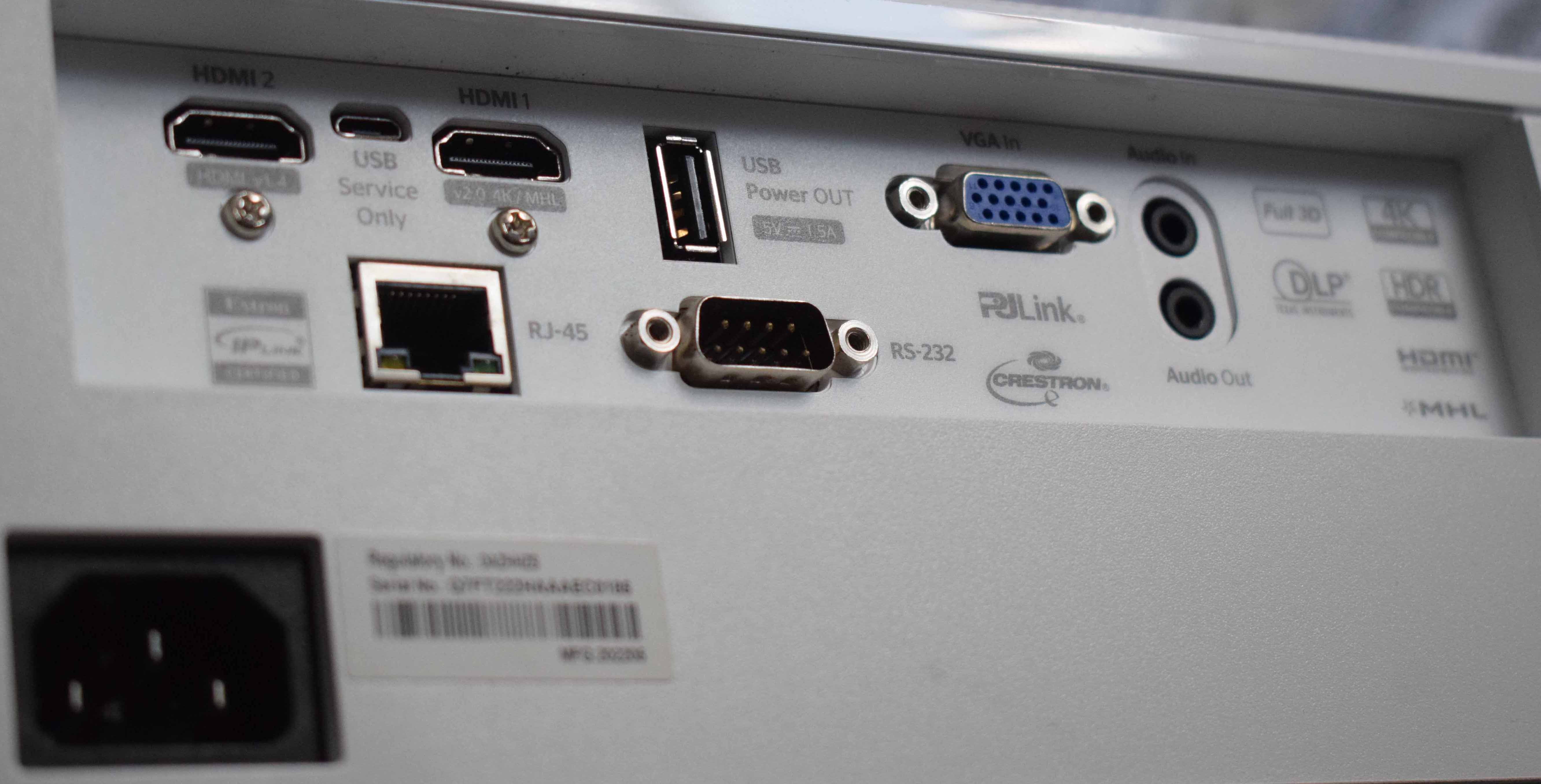 Image of rear of projector showing video, USB and power connections.
