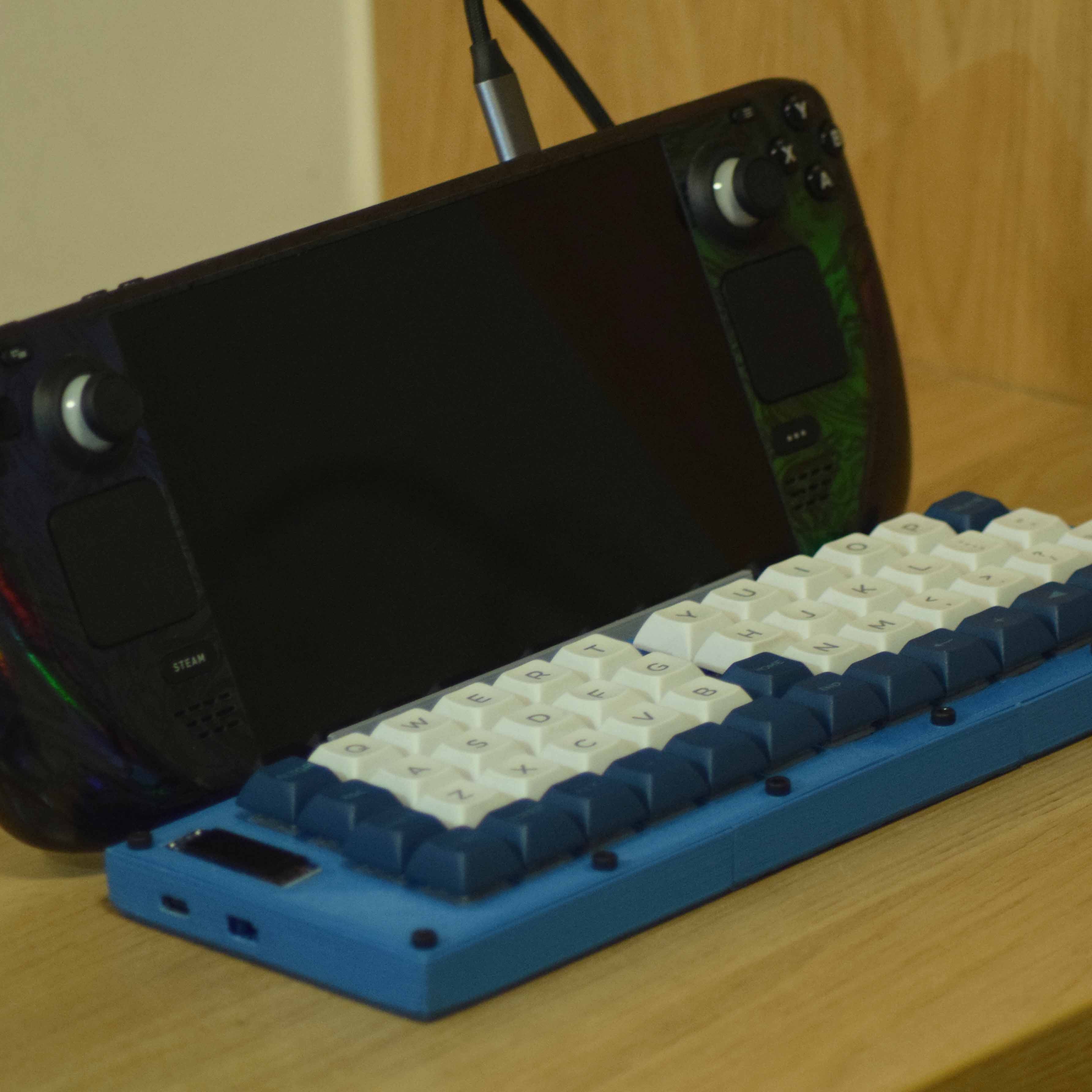 Photo of the project which includes the stand, keyboard, and Steam Deck