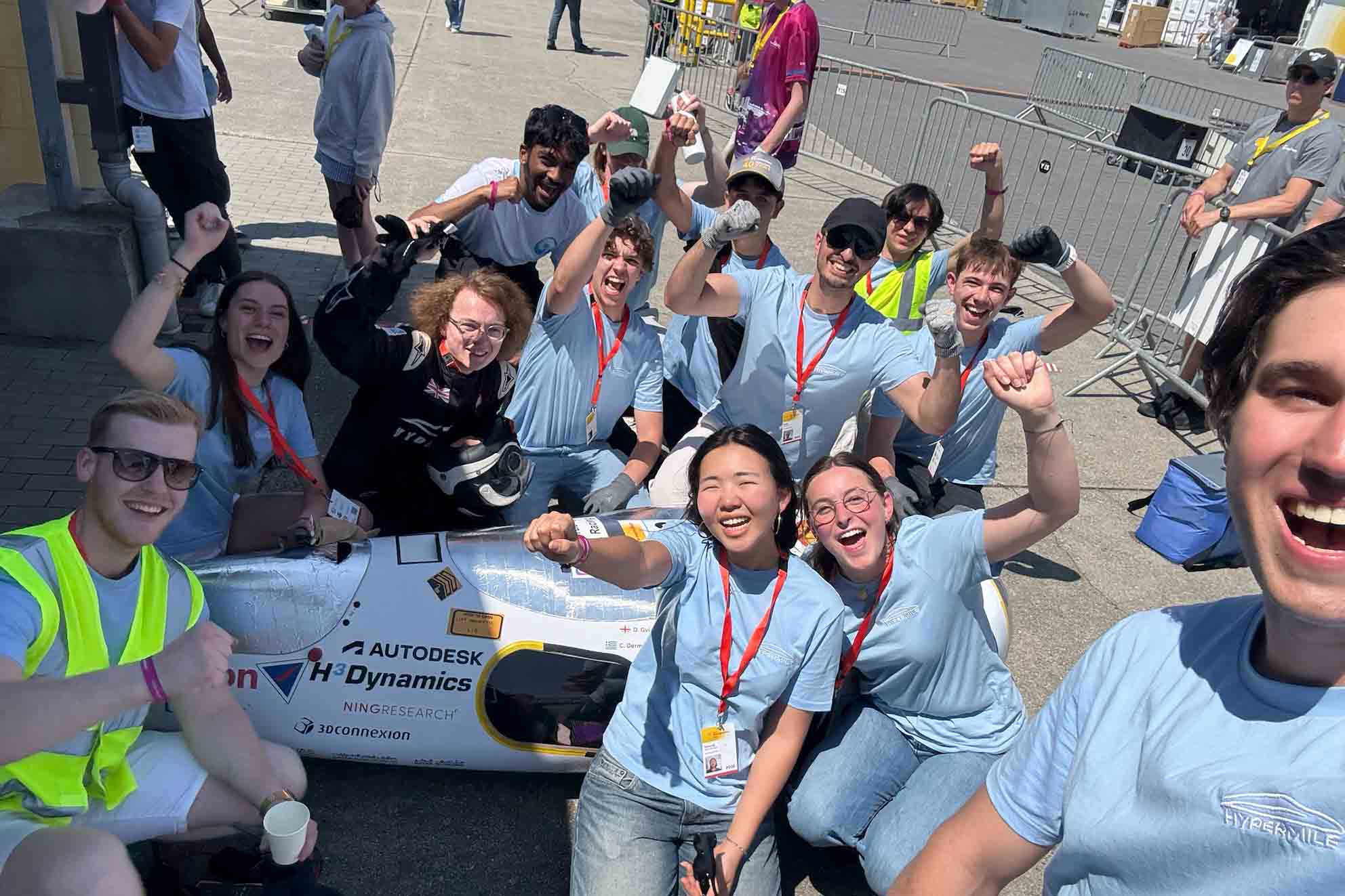 Photo of 2025 team after completing a successful run in the hydrogen prototype vehicle.